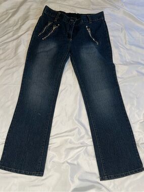 Erica Brooke Women's Dark Blue Flare Jeans with Zip Pocket Details